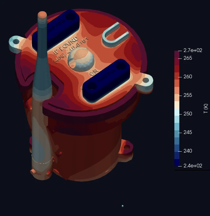 Isometric view of the cylindrical UpLink enclosure colored by surface temperature, with two dark blue sensor pods on the lid and a brass antenna alongside